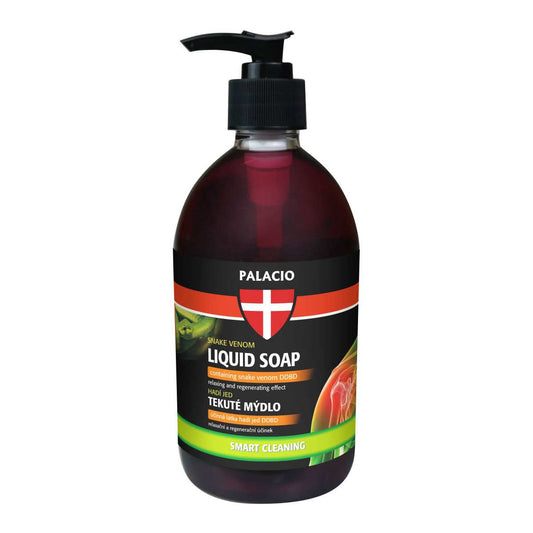 Savon liquide mains PALACIO au venin de serpent, bouteille sombre avec pompe noire
