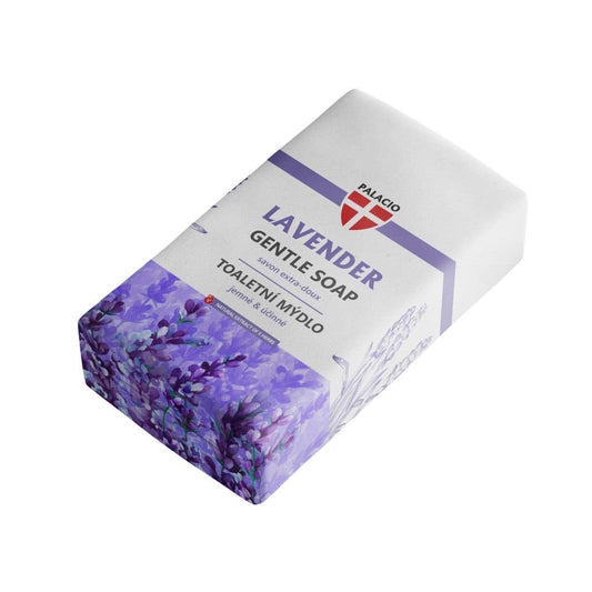 Savon PALACIO à la lavande, pain rectangulaire blanc avec étiquette violette et fleurs