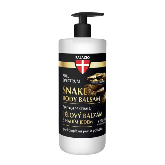 Baume corporel PALACIO SYN-AKE en flacon pompe blanc, étiquette noire et dorée.