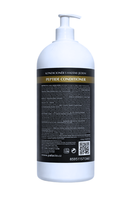 Lait corporel PALACIO en flacon blanc à pompe, étiquette peptide conditioner