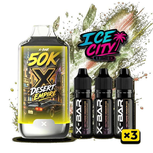 Kit X-BAR 50K Desert Empire avec 3 e-liquides, flacons noirs Ice City Edition