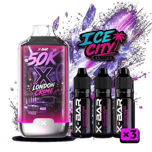 Kit de vape X-BAR 50K Ice City London Crime avec 3 e-liquides 10 ml