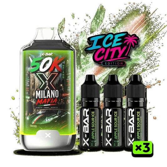 Coffret X-BAR Ice City avec flacon vert 50K et 3 flacons noirs