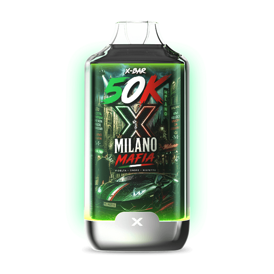 Flacon X-BAR 50K Milano Mafia, bidon plastique vert et noir avec bouchon noir