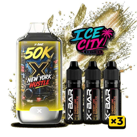 Kit avec cartouche X-BAR 50K New York Hustle et 3 flacons d’e-liquide Ice City