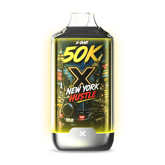 Cartouche X-BAR 50K New York Hustle, flacon noir et jaune, embout blanc