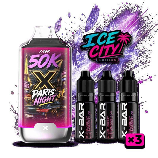 Kit X-BAR 50K Paris Night Ice City : dispositif noir/violet + 3 e-liquides 10 ml