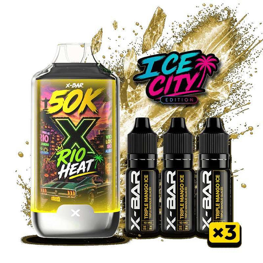 Kit de vape X-BAR 50K Ice City, pod vert et noir avec 3 flacons d’e-liquide.