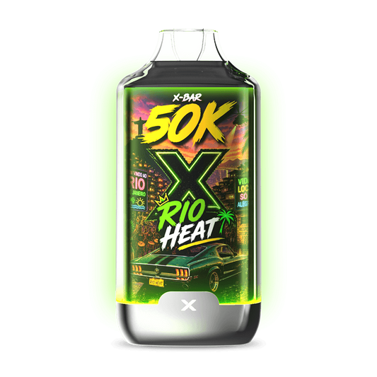Kit de vape X-BAR 50K Ice City, pod vert et noir avec logo X-RIO HEAT.