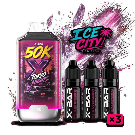 Kit X-BAR 50K Ice City avec 3 e-liquides 10 ml, flacons noirs et violets