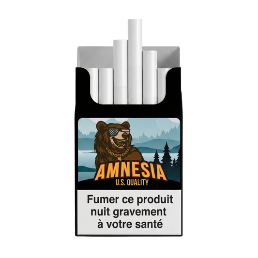 Paquet de cigarettes CBD « Amnesia » avec tubes cylindriques blancs