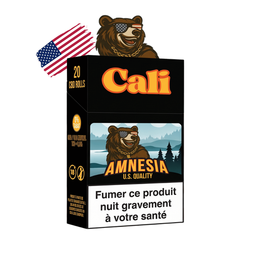 Boîte de cigarettes CBD « Cali » Amnesia, marquage « à votre santé »