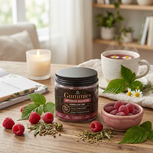 Pot de gummies Novaloa Détente Avancée, confiseries framboise, près de fruits et feuilles