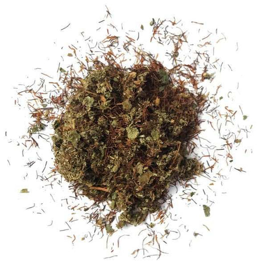 Mélange de plantes séchées en vrac, feuilles vertes et tiges brunes, pot 250 g