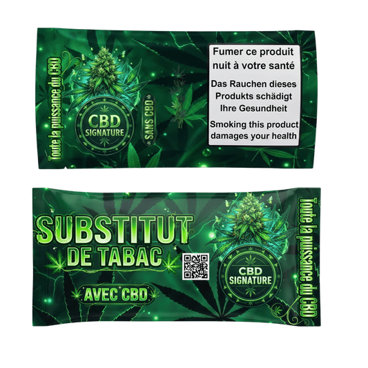 Sachet de substitut de tabac CBD, branding vert et feuilles séchées