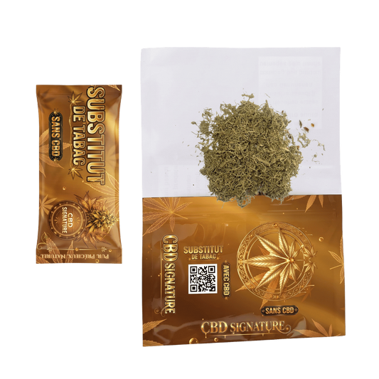 Sachet de substitut de tabac sans CBD, feuilles séchées vertes et sachet blanc