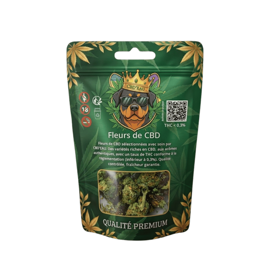 Pochette de fleurs de CBD Lemon Haze 10 g, face arrière avec QR code