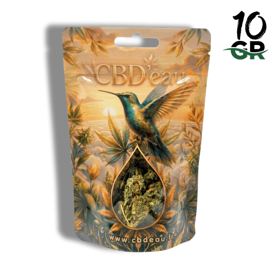 Sachet de fleurs de CBD Orange Bud 10 g avec oiseau, motifs floraux