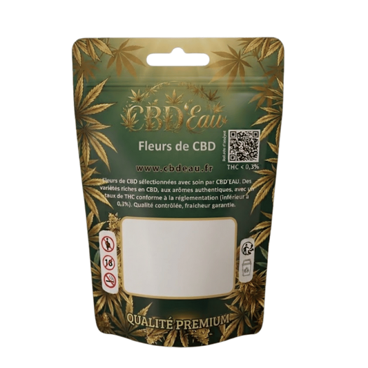 Fleurs de CBD Orange Bud 10 g en sachet préemballé, motifs feuilles