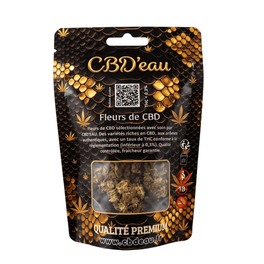 Sachet de fleurs de CBD Super Silver Haze 10 g, design noir et doré avec illustration