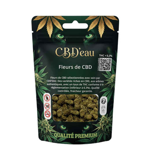 Sachet préemballé de fleurs de CBD CBD’ eau, bourgeons verts visibles au centre