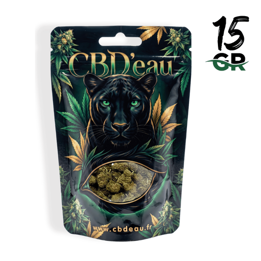 Sachet de fleurs de CBD CBD’ eau avec fenêtre, bourgeons verts dans le compartiment
