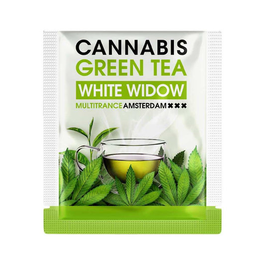Paquet de thé vert White Widow MULTITRANCE, feuilles de chanvre et tasse illustrées.