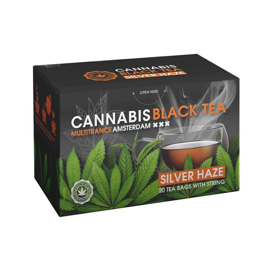Boîte de thé noir au chanvre Silver Haze, 20 sachets, illustrée avec tasse et feuilles