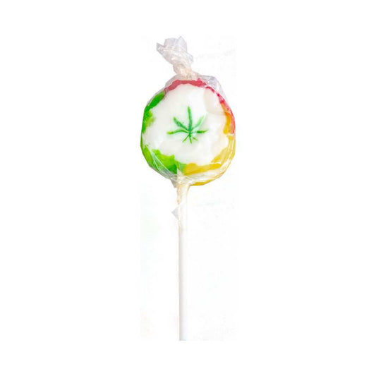 Sucette multicolore à symbole feuille verte sur bâton