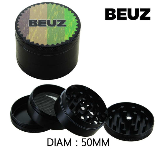 Boîte de 6 grinders alu noirs, 50 mm, couvercle motif vert-jaune, logo BEUZ