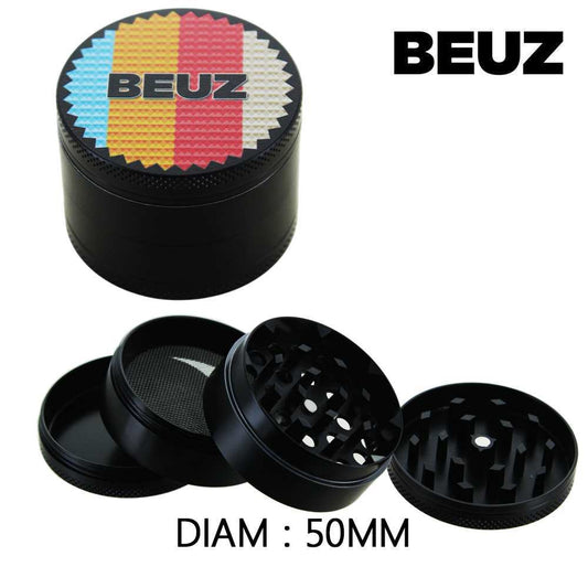 Grinder Beuz coloré 50 mm, boîte cylindrique noire avec couvercle à motifs