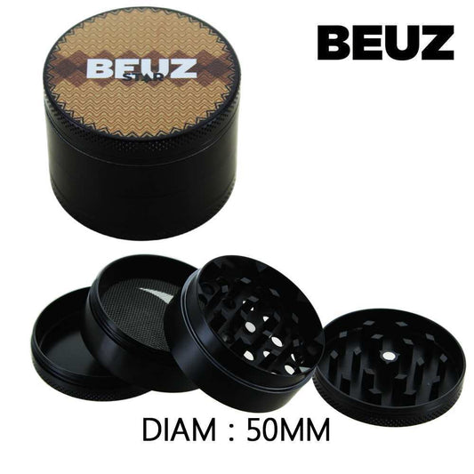 Grinder cylindrique noir Beuz, couvercle à motifs, engrenages visibles, diam. 50 mm