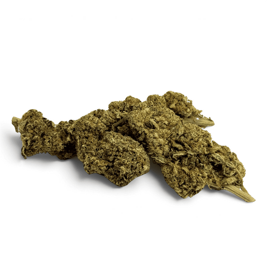 Fleur de CBD séchée, têtes vert olive, arrangement en tas