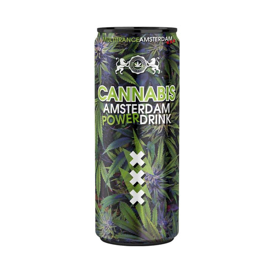 Canette boisson CBD énergisante Cannabis Amsterdam, motif plantes vert et violet, couvercle noir