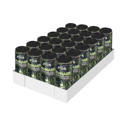Lot de canettes boisson CBD énergisante, motif vert et noir, couvercles noirs