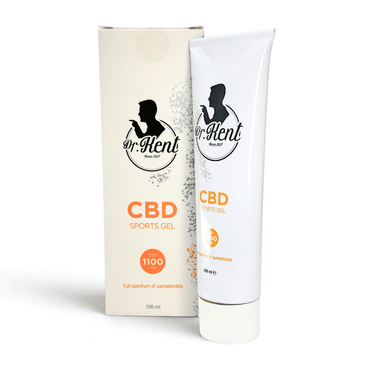 Gel sport CBD DR KENT en tube blanc, étiquette CBD Sports Gel, 100 ml.