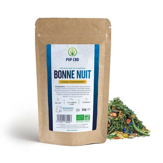 Tisane CBD bio en vrac, sachet kraft avec étiquette bleue, 35 g