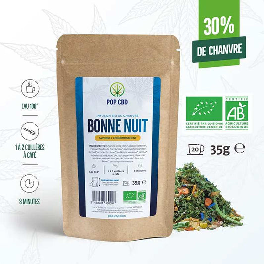 Tisane CBD bio «Bonne Nuit» en vrac, sachet kraft avec étiquette bleue, 35 g