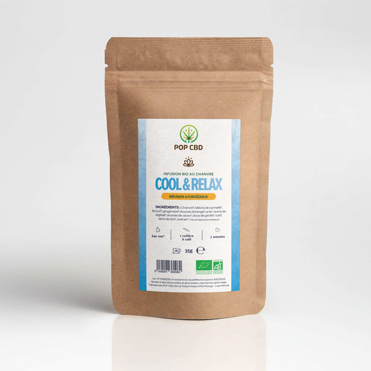 Sachet kraft de tisane CBD bio au chanvre Cool & Relax, étiquette POP CBD