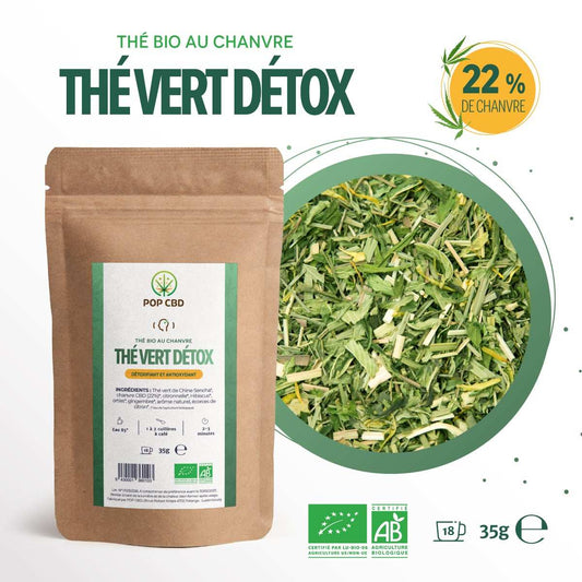 Sachet kraft marron POP CBD pour thé vert détox, 35 g, avec feuilles de thé vert