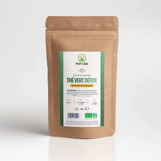 Sachet doypack kraft marron POP CBD Thévert détox, étiquette verte, 35 g