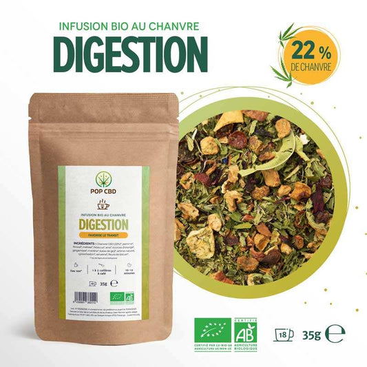 Sachet kraft tisane CBD bio Digestion POP CBD, étiquette verte, 35 g, herbes de chanvre