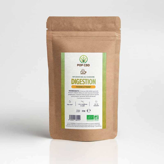 Sachet kraft de tisane CBD bio Digestion POP CBD, étiquette verte, 35 g, vue de face