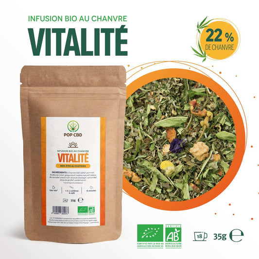 Sachet d’infusion bio au chanvre CBD Vitalité, 35 g, 22% de chanvre