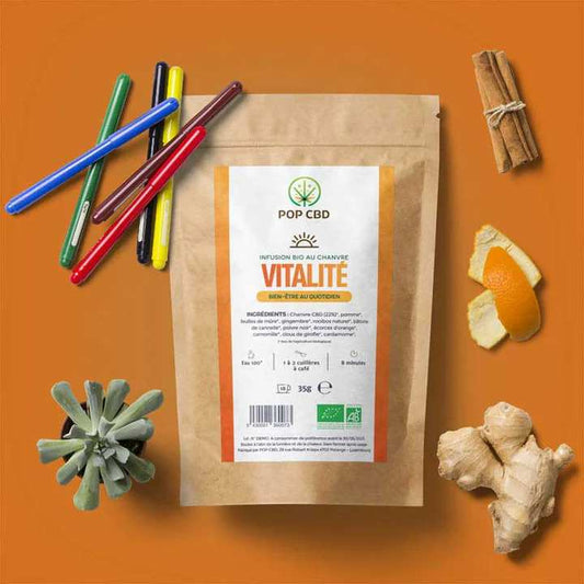 Sachet d’infusion bio au chanvre CBD Vitalité, sachet kraft, 35 g