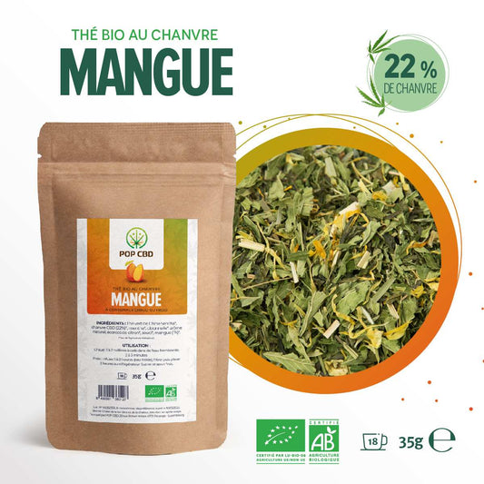 Pochon kraft de thé CBD bio à la mangue POP CBD, 35 g, étiquette frontale visible