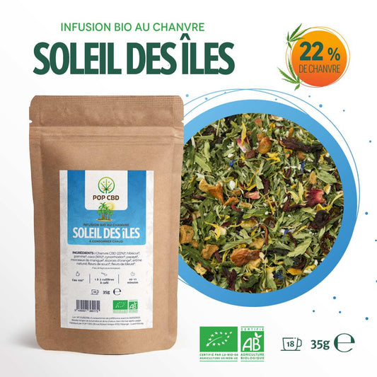 Sachet de tisane bio au chanvre «Soleil des îles» POP CBD, 35 g.