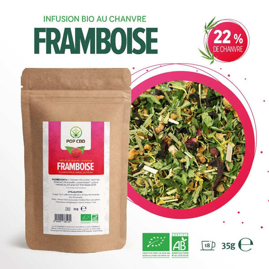 Tisane CBD bio en sachet brun, étiquette POP CBD Framboise, 35 g
