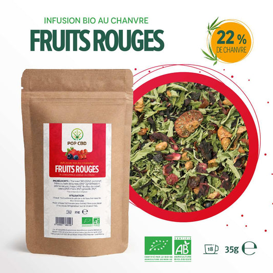 Sachet kraft de tisane CBD bio fruits rouges, mélange de chanvre, 35 g