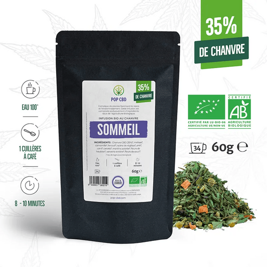 Poche noire de tisane CBD bio sommeil en vrac, étiquette POP CBD et 60 g